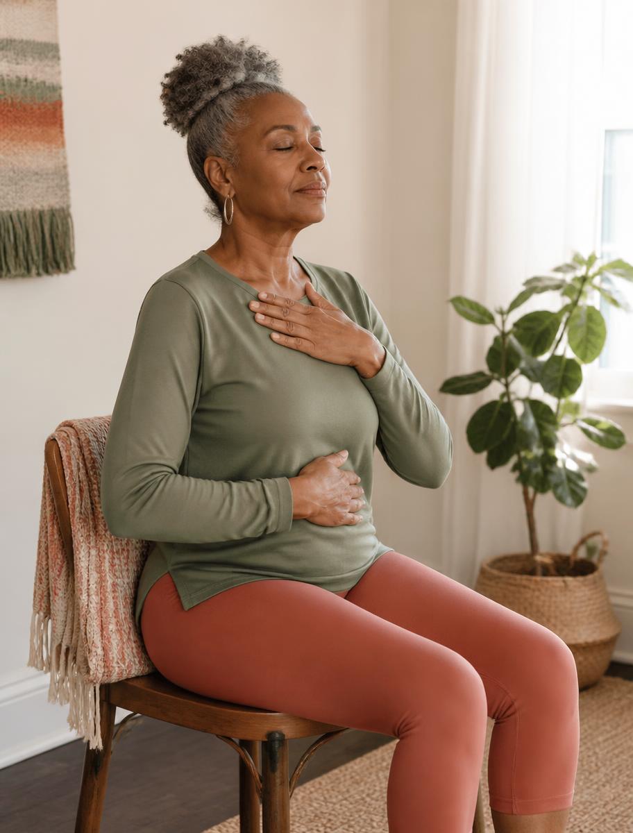 Woman practicing calm belly breathing while seated